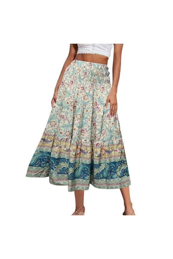 Bohemian Maxi Skirt for Women High Waist Floral Print Gypsy Skirt Flowing A-Line Summer Beach Casual Skirt