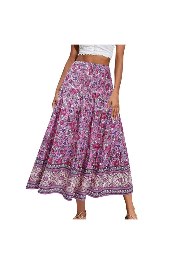 Bohemian Maxi Skirt for Women High Waist Floral Print Gypsy Skirt Flowing A-Line Summer Beach Casual Skirt