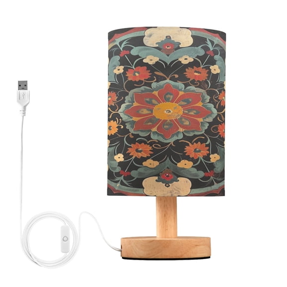 Bohemian Medallion Floral Bedside Table Lamp Desk Warm Lights with USB Charging Port Cylinder LED Lamps for Bedroom Living Room Office