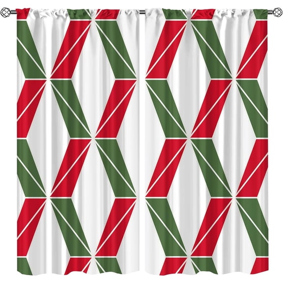 Bohemian Medieval Kids Sun Blocking Curtains, Geometric Red Green Stripes Blackout Rod Pocket Curtains, Thermal Insulated Breathable Window Treatments for Living Room Bedroom Kitchen-W84xL84in