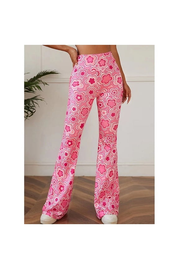 Bohemian Micro Flared Pants Flower Print Elastic Waist Trouser Casual Long Pant