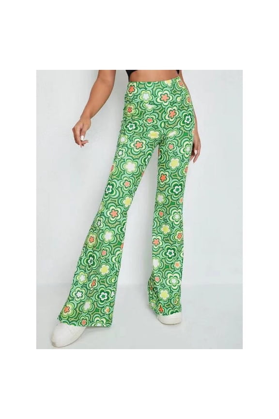 Bohemian Micro Flared Pants Flower Print Elastic Waist Trouser Casual Long Pant