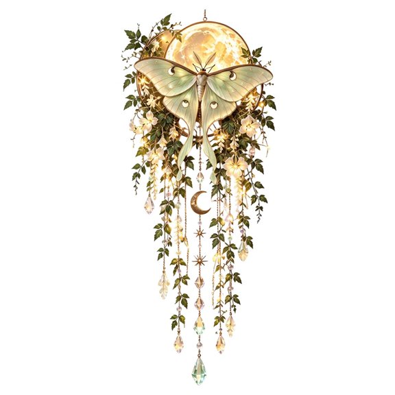 Bohemian Moon Animal Wall Hanging with LED String Lights, Floral Crystal Tassel Wall Art Decor for Indoor Home Party