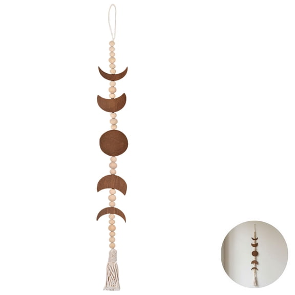 Bohemian Moon Phase Wood Wall Hanging with Tassel, Handmade Hemu & Pine Wood Beads Deco for Home & Office, Creative Living Room Bedroom Ornament, 30.7 in / 78 cm Vertical Moon Decoration