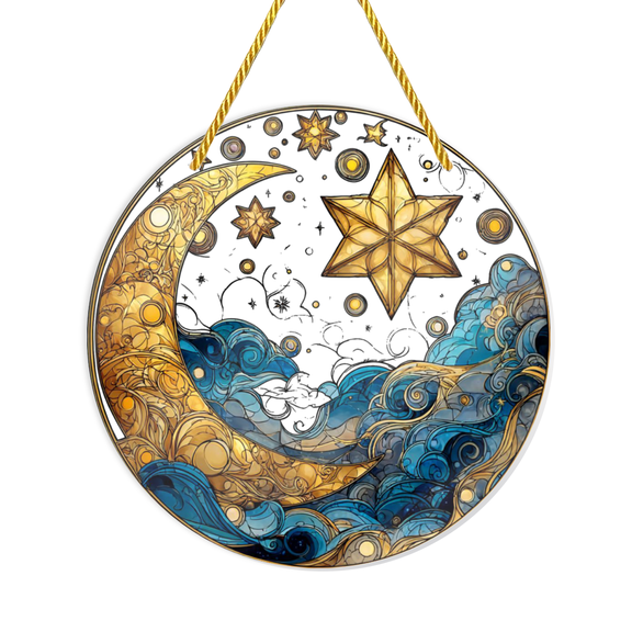 Bohemian Moon Stars Suncatcher Window Hanging Decor - Waterproof Acrylic Panel Suitable for Home, Porch, - Sparkling Star Moon Light Diffuser, Flat Panel Design for Light Diffusion, Moder