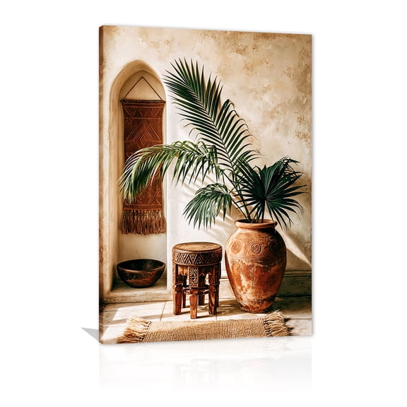Bohemian Moroccan terracotta palm vase still life canvas painting; African terracotta vase stool poster, rustic earth-toned printing, suitable for bedroom and home wall decoration (framed).