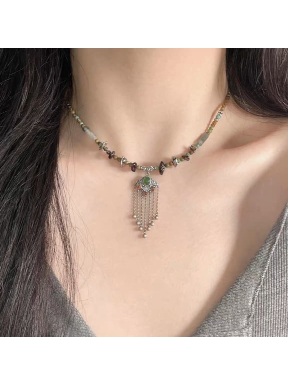 Bohemian Multi-Color Beaded Chain Necklace Decorative Tassel Charm Daily Party Neck Chain
