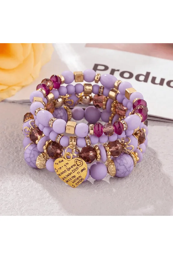 Bohemian Multi-Strand Beaded Wrap Bracelet Set Style 6 - 4 Pieces Lavender