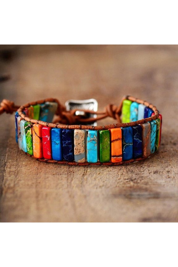 Bohemian Multicolor Emperor Stone Bracelet 7 Chakra Healing Rectangular Stones Bracelet Leather Rope Woven Bangle Wrist Jewelry