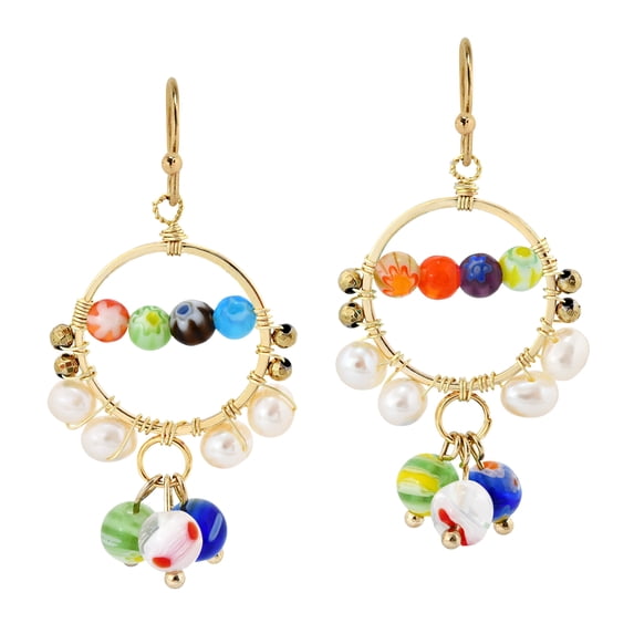 Bohemian Multicolor Millefiori Glass and Pearl Chandelier Brass Earrings