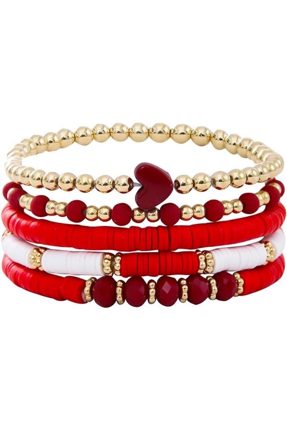 Bohemian Multilayer Heart Clay Stacked Bracelet Set Colorful Surfer Clay Gold Beaded Elastic Bracelet for Women Summer Beach Boho Vacation Jewelry