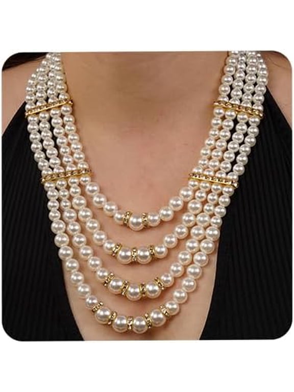 Bohemian Multilayered Strand Faux Pearls Choker Necklace Long Pearl Crystal Statement Necklace 1920s Flapper Gold Chain for Women(Gold)