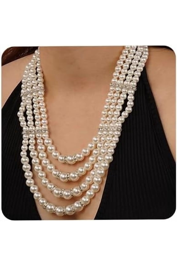 Bohemian Multilayered Strand Faux Pearls Choker Necklace Long Pearl Rhinestones Necklace Flapper Beads Cluster Chain for Women(Silver)