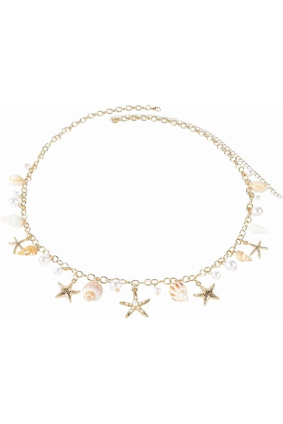 Bohemian Natural Shell & Plastic Imitation Pearl Tassel Chain Belts Summber Beach Iron Chain Belts Golden 717mm