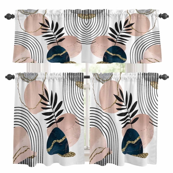 Bohemian Navy Kitchen Curtains Valances and Tiers Set of 3 Pink Tropical Palm Trees Plants Abstract Art Tier Curtains and Valance with Rod Pocket for Small Windows, 27.5"x24"