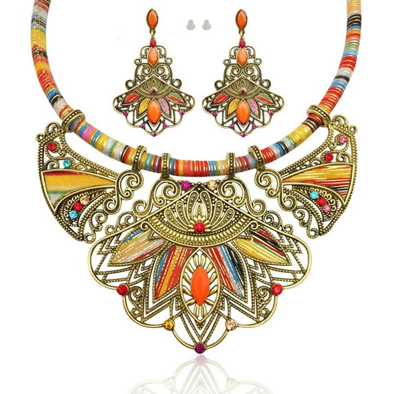 Bohemian Necklace Earring Set Chunky Enamel Multicolor Pendant Vintage for Rhinestone Ethnic Choker Necklace Eardrop Dangler