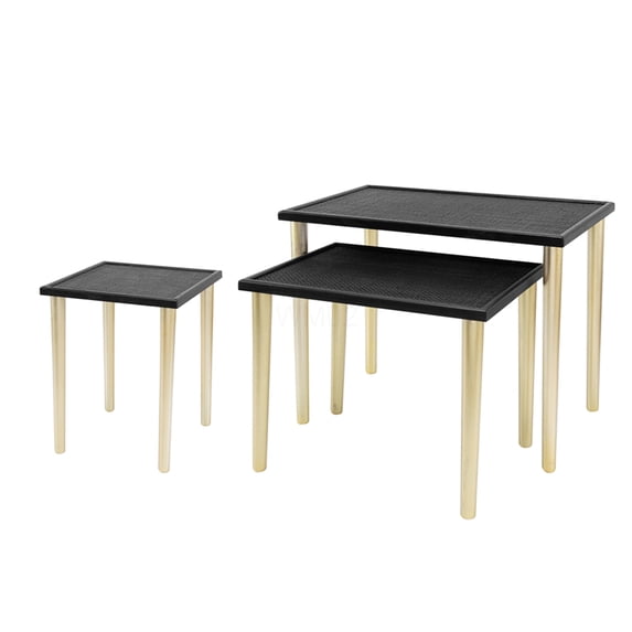 Bohemian Nesting Side Tables Set of 3 with Rattan Tops and Gold Metal Legs