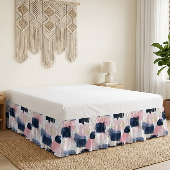 Bohemian Nordic Bed Skirt Bed Skirts Queen Size 16 Inch Drop, Pink Blue Nordic Wrap Around Dust Ruffle Bedskirt with Adjustable Elastic Belt for Queen Size Beds