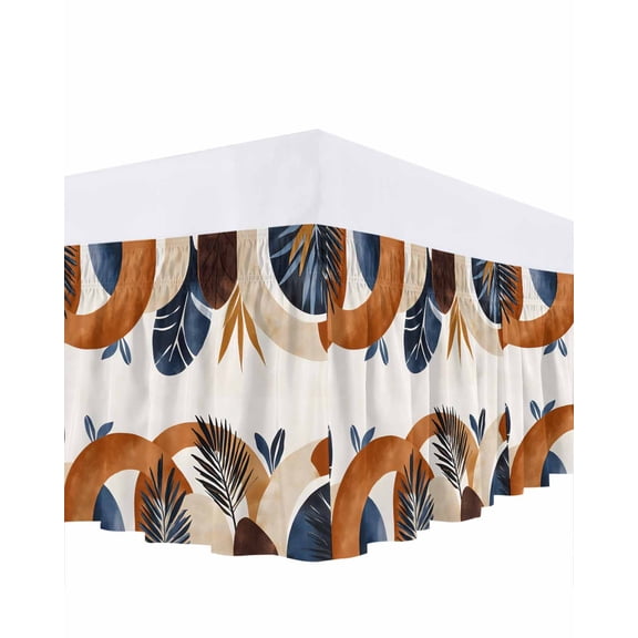 Bohemian Nordic Bed Skirt Queen Size 16" Drop Abstract Leaves Orange Blue Simple Ruffled Wrap Around Bed Skirts Adjustable Elastic Bedskirt Dust Ruffle for Queen Size Bed