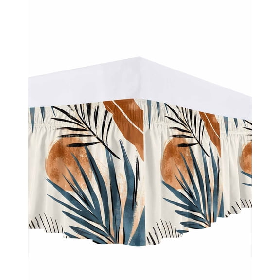 Bohemian Nordic Bed Skirt Queen Size 16&nbsp;Inch Drop, Green Orange Simple Abstract Leaves Wrap Around Dust Ruffle Bedskirts, Wrinkle & Fade Resistant Easy Fit Bedskirt with Adjustable Elastic