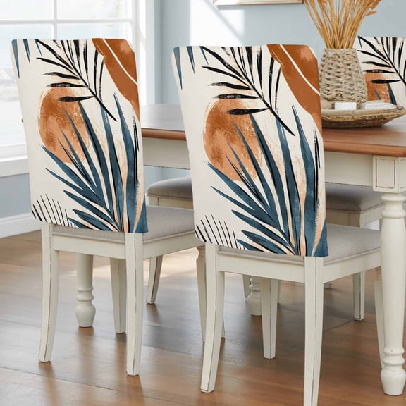 Bohemian Nordic Dining Chair Back Cover Only, Green Orange Simple Abstract Leaves Set of 4 Chair Back Covers, Removable Washable for Dining Room, Banquet & Holiday Decoration