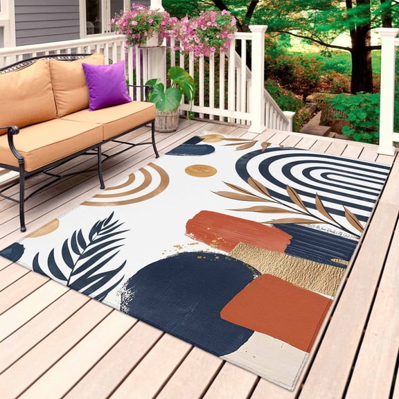 Bohemian Nordic Outdoor Rug 3x5 Ft, Non Slip Washable Area Rug, Middle Century Abstract Palm Tree Patio Rugs Carpet Runner, Large Floor Mat for Indoor/Outdoor Deck Porch Camping