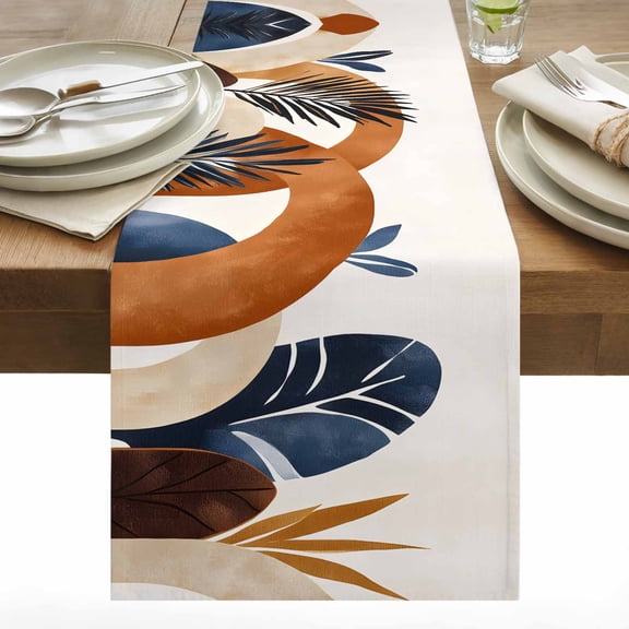 Bohemian Nordic Table Runner 13x36 inch Abstract Leaves Orange Blue Simple Cotton Linen Dining Table Runner Ideal for Dresser Kitchen Coffee Tables - Machine Washable