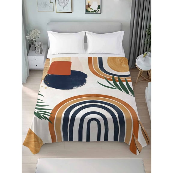 Bohemian Nordic Twim Size Flat Sheet, Wrinkleproof & Fadeproof Cooling Flat Bed Sheet Only, Abstract Art Coconut Palm Leaves Breathable Soft Bedding Top Sheets 66 x 96 Inches