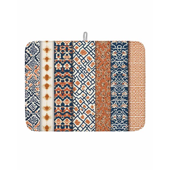 Bohemian Orange Dish Drying Mat 18x24 inch Floral Geometric Texture Retro Ethnic Art Super Absorbent Microfiber Dish Drying Pad for Kitchen Countertops Sink Dish Drainer Racks Coffee Bar Mats 1 Pack