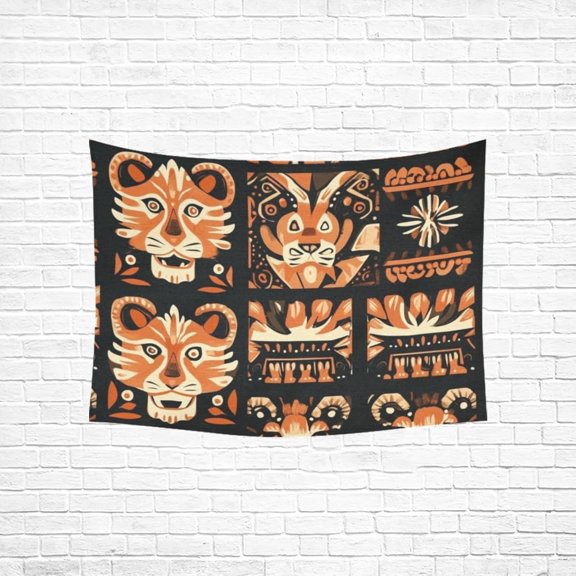 Bohemian Orange Lion Face Pattern Tapestry Bedspread Wall Hanging for Bathroom Bathroom 40x30 Inches