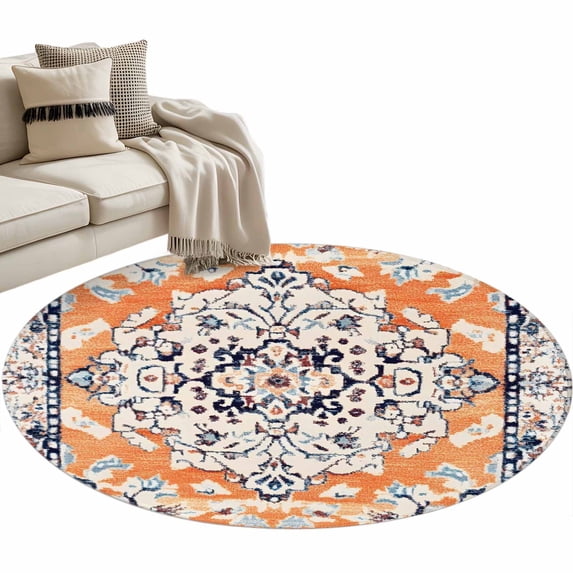 Bohemian Orange Round Area Rug 3ft Black Floral Geometric Texture Ethnic Art Non-Slip Washable Circle Rugs Soft Felt Indoor Floor Mat for Bedroom Kitchen Living Room Bathroom