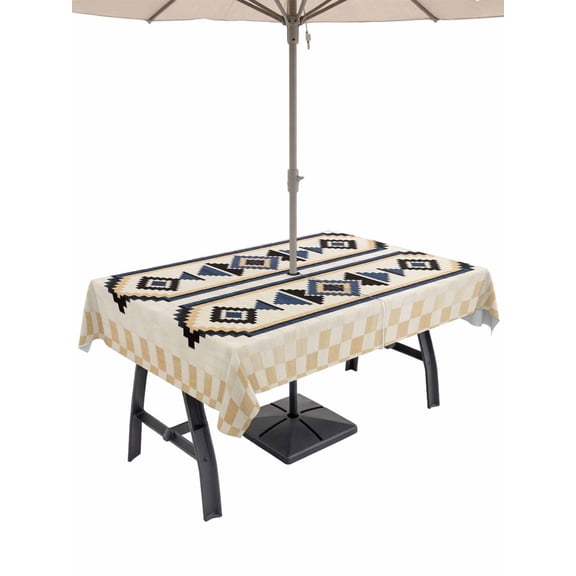 Bohemian Outdoor Rectangle Tablecloth with Umbrella Hole 60"x102", Retro Rhombus Tribal Style Long Stripes Beige Waterproof Zippered Table Cloth Wrinkle Free Wipeable Desk Covers for Patio Party