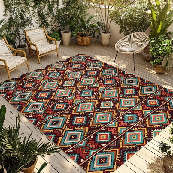 Bohemian Outdoor Rug 5x8 ft Aztec Brown Southwestern Geometric Striped Tribal Non Slip Patio Rug Washable Absorbent Large Outdoor Carpet Outside Mat for Porch RV Garden Camping