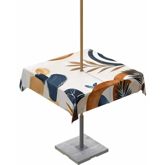 Bohemian Outdoor Square Tablecloth with Umbrella Hole 54x54,Boho Botanical Palm Leaf Abstract Geometric Wrinklefree Wipeable Fabric Table Cloth Waterproof Zippered Cover for Camping Picnic Patio