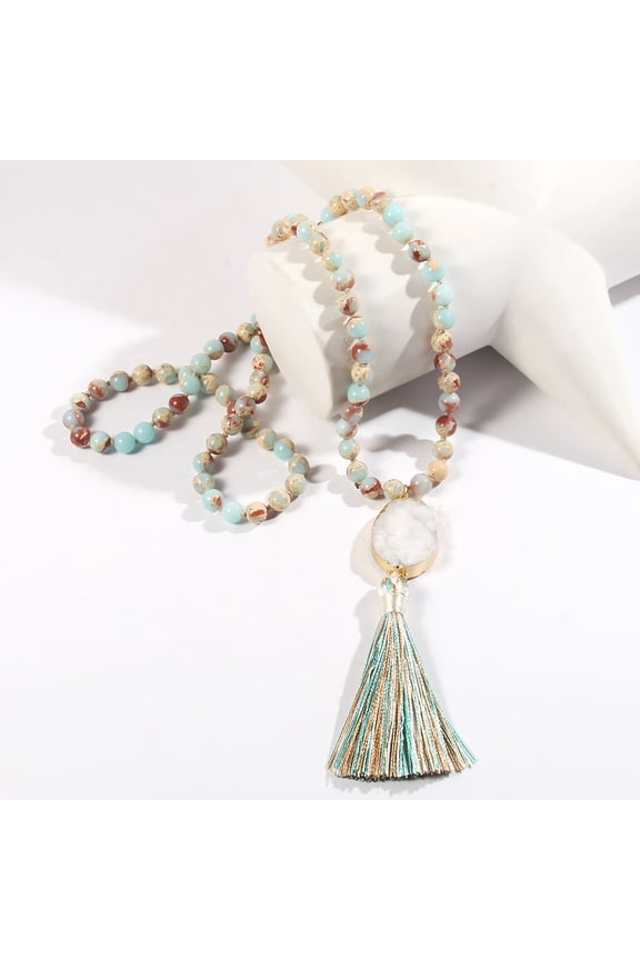 Bohemian Oval Natural Druzy Agate Tassel Pendant Necklaces Natural Shoushan Stone Round Beaded Long Necklaces for Women Dark Turquoise 33.86~34.65 inch(86~88cm)