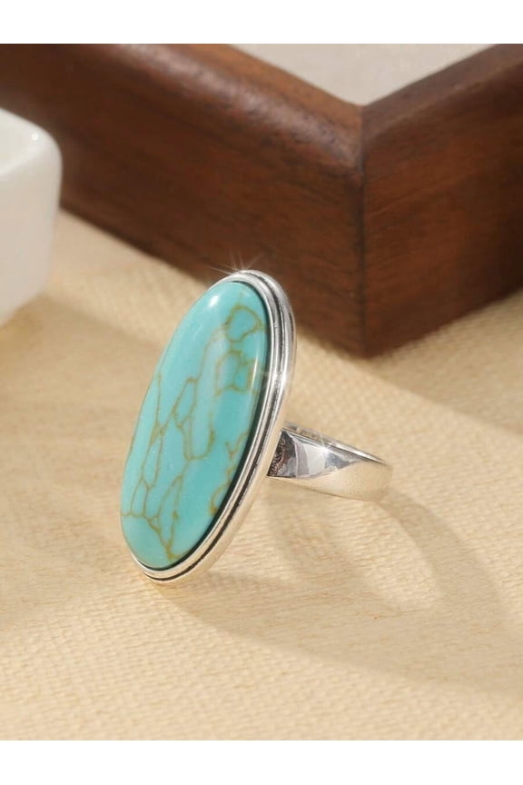 Bohemian Oval Synthetic Turquoise Ring In Silvertone, Color 9