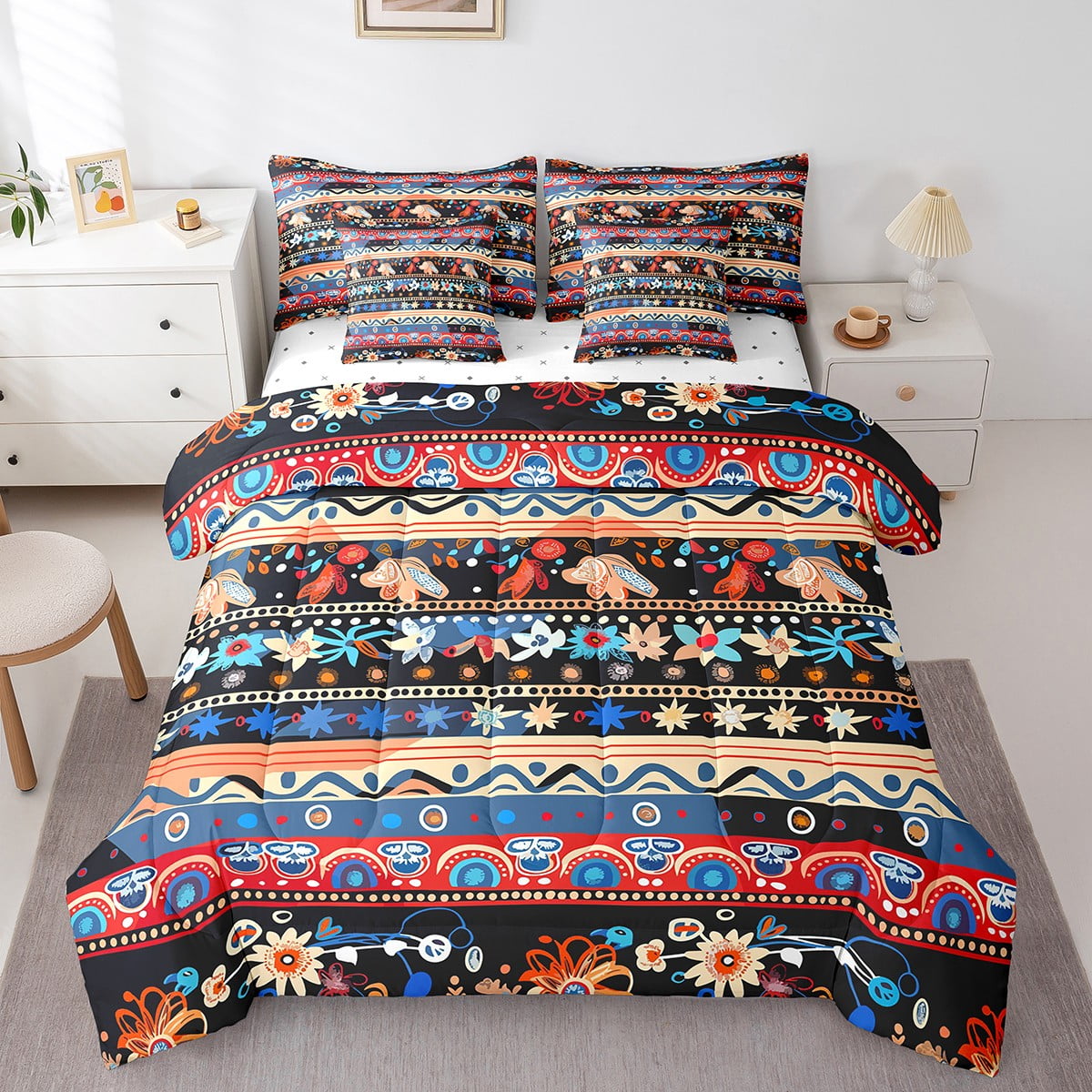 Bohemian Paisley Bed in a Bag Queen Comforter Set 7 Piece,Gothic Vintage Floral Bedding Sets ...