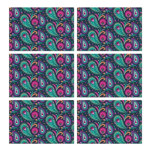 Bohemian Paisley Placemats Set of 6, Durable Flax Linen Table Mats Featuring Heat Resistant Wrinkle Free Finish with Colorful Vintage Floral and Artistic Chic Mandala Decor