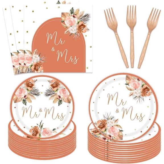 Bohemian Pampas Wedding Party Supplies Terracotta Rust Floral Plates Napkins Red Forks Mr. and Mrs. Bridal Shower Paper Dessert Tableware Set