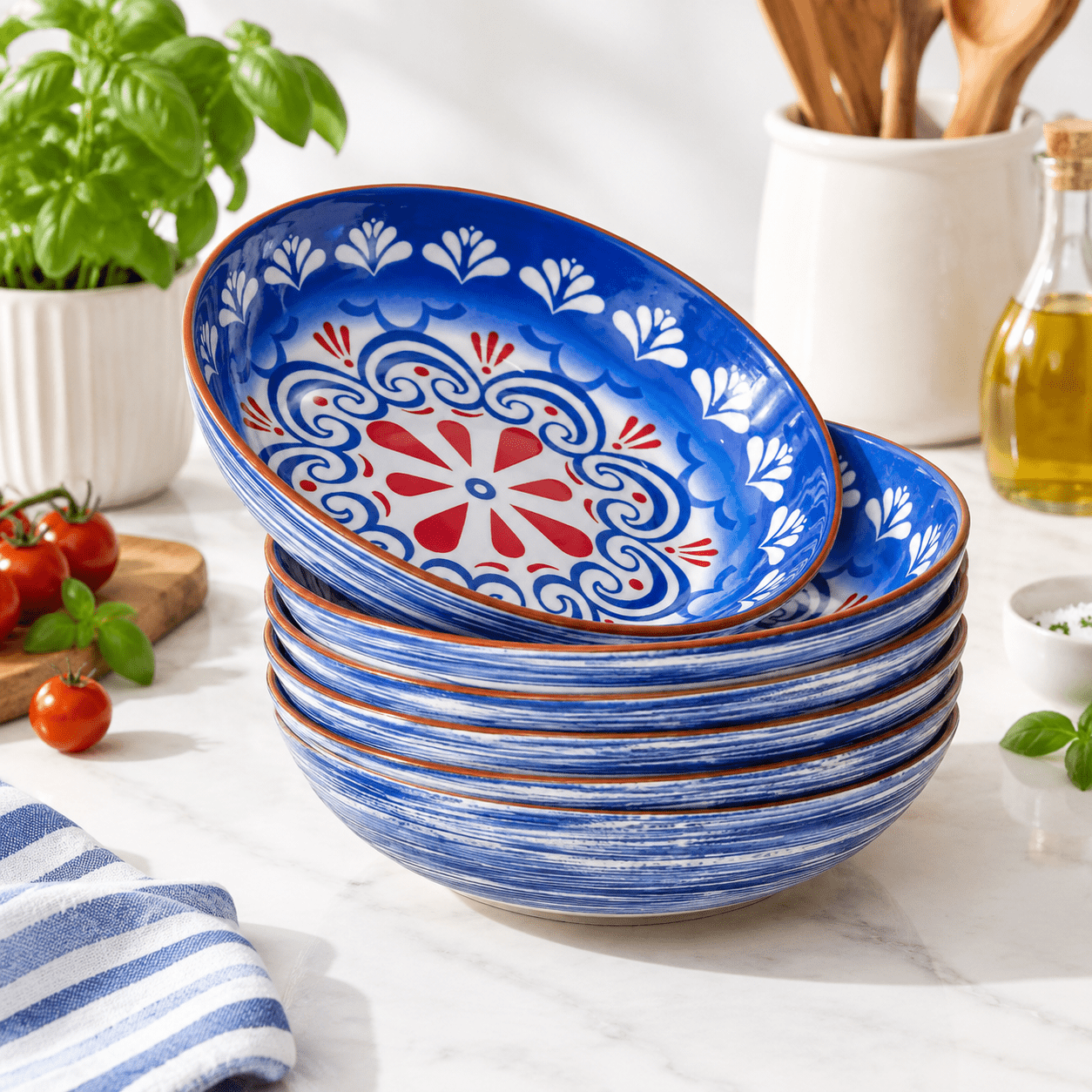 Bohemian Pasta Set Of 6 8.5 Inch 35 Oz Ceramic Serving Blue Color Block ...