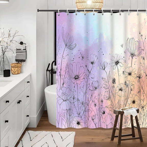 Bohemian Pastel Flowers Shower Curtain ,Painted Plants Bathroom Decor Curtain with Hooks-72"W x 96"L (Pack of 1)