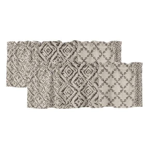 Bohemian Patchwork 2 Panels Kitchen Valance, Vintage Gray Beige Linen Distressed Texture Curtains Valances for Small Windows Rod Pocket Window Treatments for Living Room Bedroom 42" W x 12" L