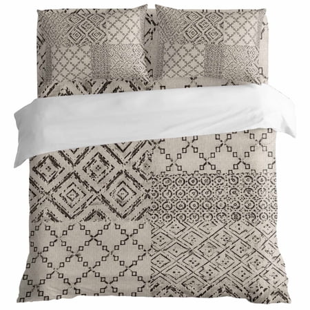 Bohemian Patchwork Duvet Cover Set Twin Size, Vintage Gray Beige Linen Distressed Texture 4 Piece Bedding Set with Zipper Closure & Corner Ties Soft Breathable Comforter Cover for Bedroom