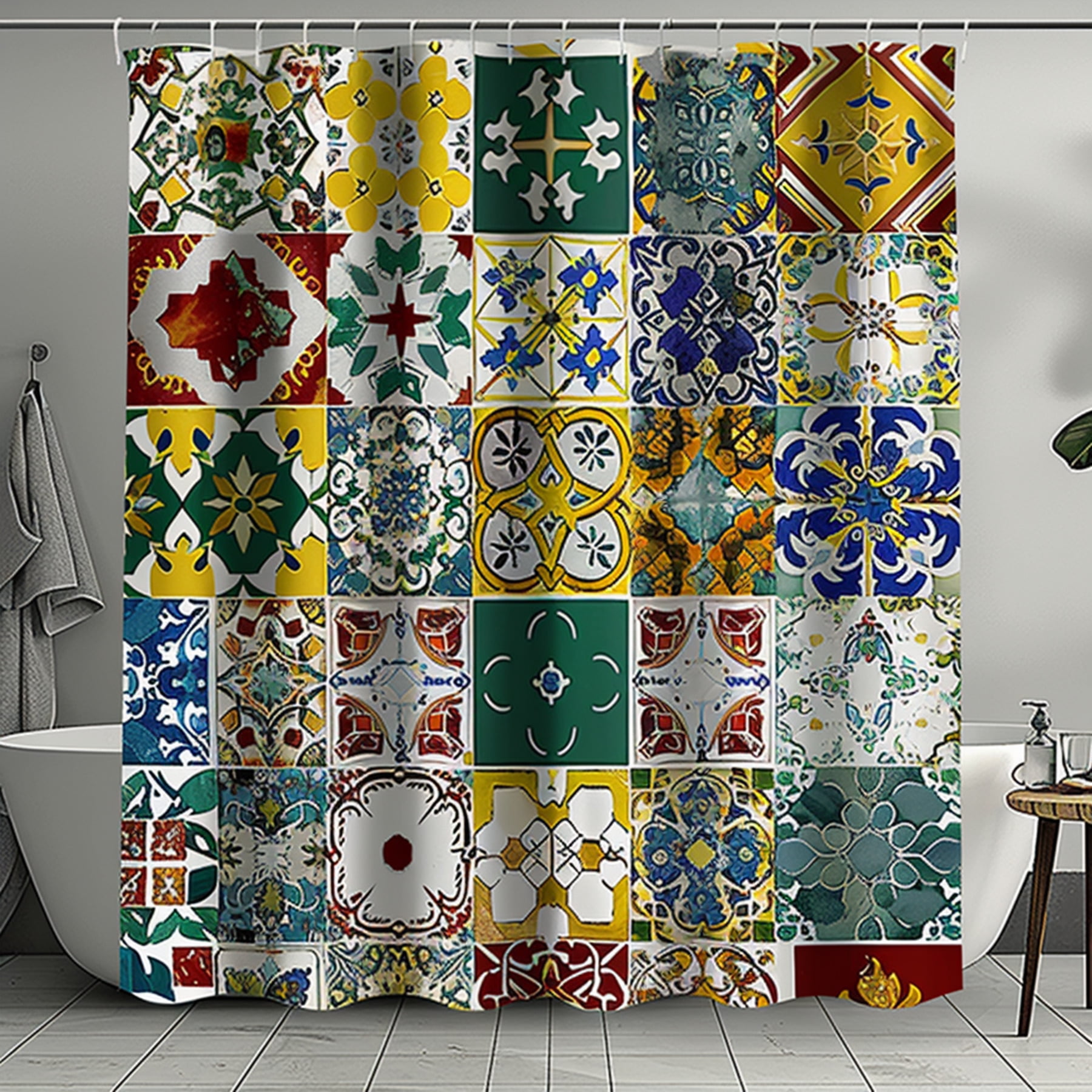 Bohemian Patchwork Shower Curtain with Spanish & Motifs Colorful