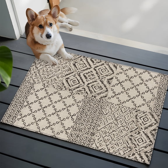 Bohemian Patchwork Small Area Rugs 2x3 Vintage Gray Beige Linen Distressed Texture Entryway Rugs Washable Door Mat, Low-Profile Area Rugs Non Slip Floor Carpet for Living Room Bedroom Home Office