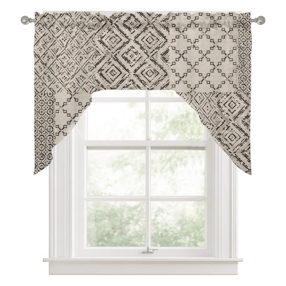 Bohemian Patchwork Swag Valances for Windows 56 x 36 Inch, Vintage Gray Beige Linen Distressed Texture Rod Pocket Light Filtering Window Topper for Kitchen Bathroom Bedroom Living Room