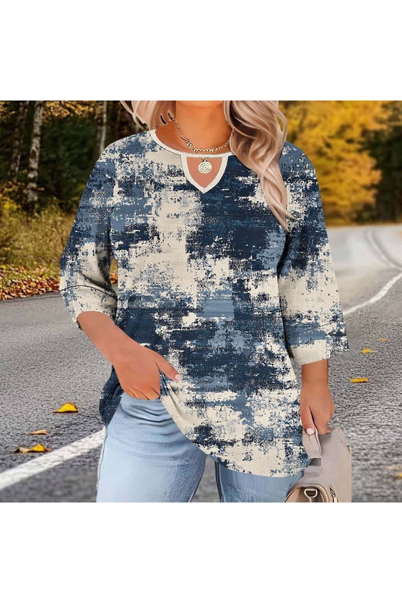 Bohemian Pattern Blouse for Women V Neck Notch 3/4 Sleeve Ethnic Geometric Print Loose Fit Casual Tunic Shirt