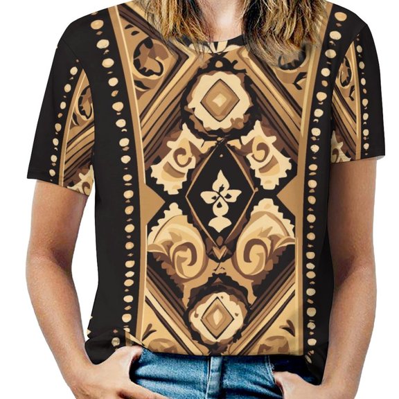 Bohemian Pattern Womens Casual Crew Neck Short Sleeve Pleated Tops Blouses Fashion Clothes 2025
