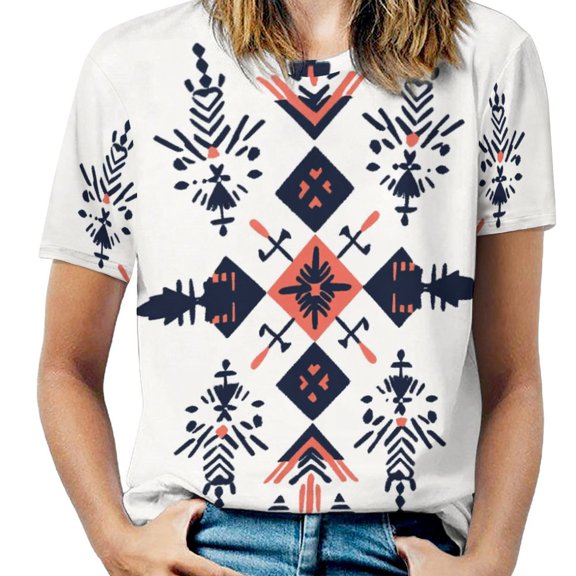 Bohemian Pattern Womens Casual Crew Neck Short Sleeve Pleated Tops Blouses Fashion Clothes 2025