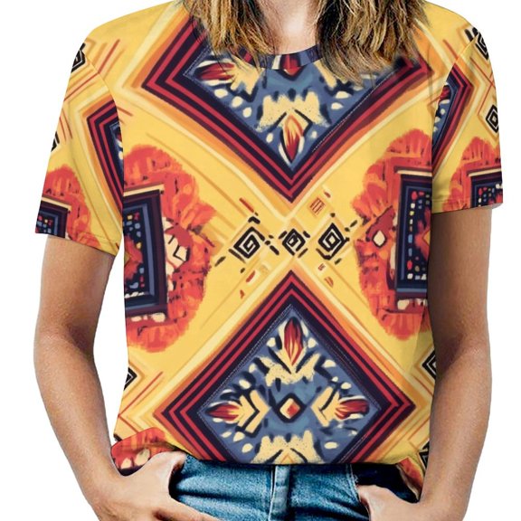 Bohemian Pattern Womens Casual Crew Neck Short Sleeve Pleated Tops Blouses Fashion Clothes 2025